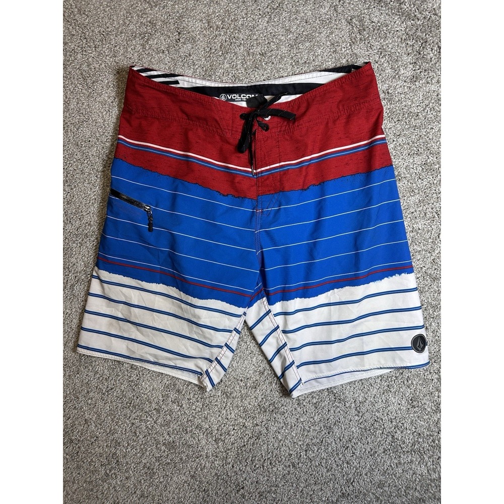 Volcom Mod Tech Boardshorts Mens 32 Red Blue White Striped Stretch Surf Swim